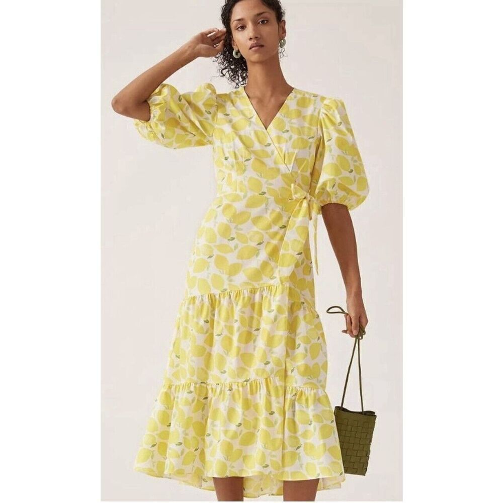 Hutch Anthropologie Maxi Wrap Dress Lemon Print  Short Sleeve Tiered Size XS